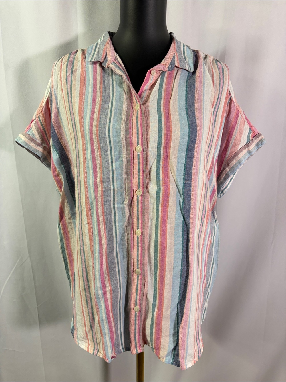 Time & Tru Multicolor Striped Gauzy Cotton Short Sleeve Button Down Shirt